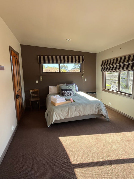 Studio room with a luxury queen bed, windows, and a chair.